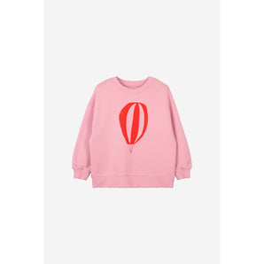 Pink organic cotton oversized kid's sweatshirt with a red hot air balloon print.