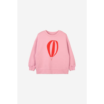 Pink organic cotton oversized kid's sweatshirt with a red hot air balloon print.