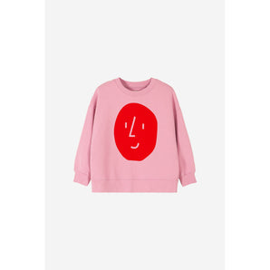 Pink organic cotton kids' oversized sweatshirt with a large red potato face print.