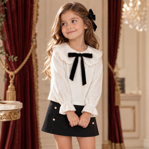 PHI Clothing - Ivory blouse with navy bow