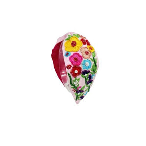 Embroidered Floral Garden Padded Headband - Pink