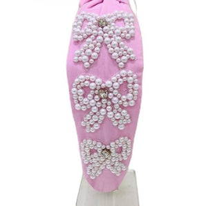 Pearl Bow Padded Headband - Pink