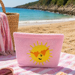 Kids Beach Towel Pouch - Baby Pink with Yellow Sun