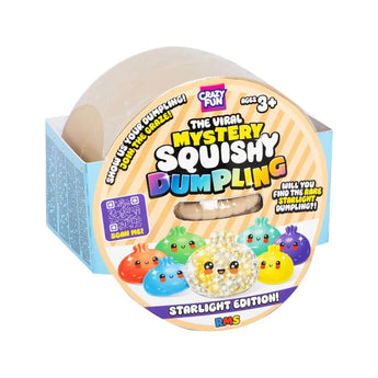 Mystery Squishy Dumpling toy packaging with colorful dumplings on a white background