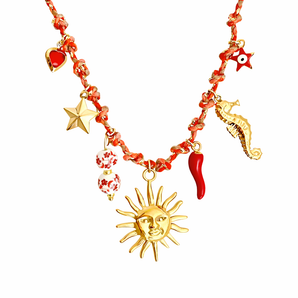 Red Braided Charm Necklace – Sun & Seahorse