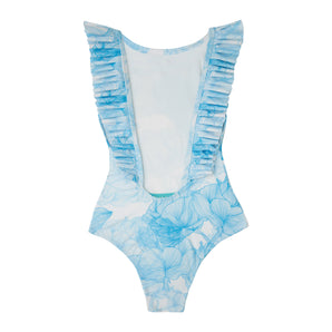 Girls One Piece  Flowers Swimsuit Blue
