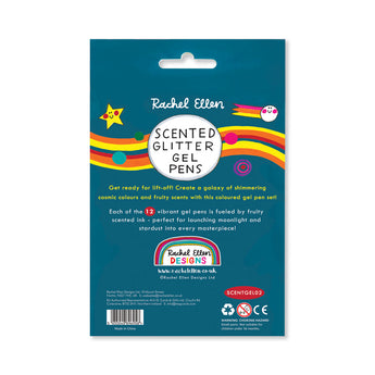 Moon and Rocket scented glitter gel pens - back