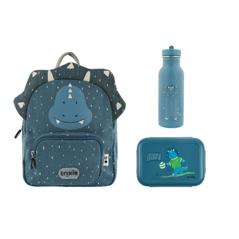 School Essential Set Of 3 Backpack Regular + Leakproof Lunch Box With Clips + Ss Bottle 500ml Mr. Triceratops