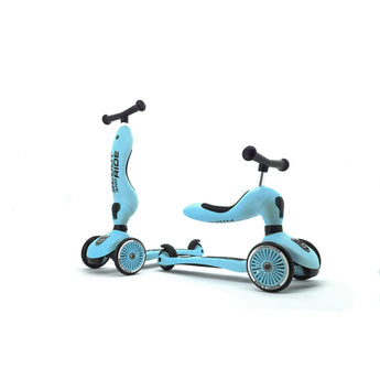 Light blue Scoot & Ride Highwaykick 1 2-in-1 kickboard, shown in both scooter and ride-on modes.