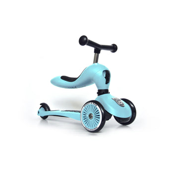 Light blue Scoot & Ride Highwaykick 1 2-in-1 scooter with black seat and handlebars, 3 wheels.