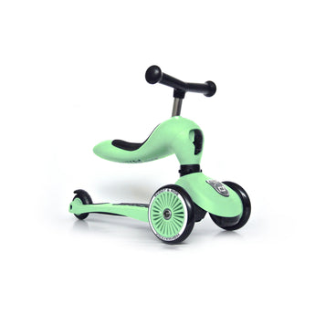 Mint green Scoot & Ride Highwaykick 1 2-in-1 kickboard with seat, black handlebars, and three wheels.