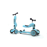 Light blue Scoot & Ride Highwaykick 1 2-in-1 kickboard, shown as a scooter and a ride-on.