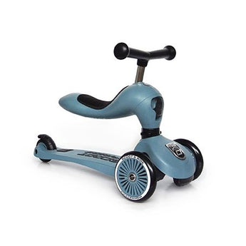 Blue Scoot & Ride Highwaykick 1 2-in-1 kickboard with black seat, handlebars, and three wheels.