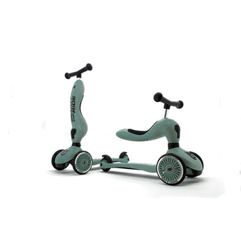 Scoot & Ride Highwaykick 1 2-in-1 kickboard in mint green, shown as a scooter and a ride-on.