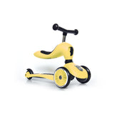 Yellow Scoot & Ride Highwaykick 1 2-in-1 kickboard with seat, 2 front wheels, and black handlebars.