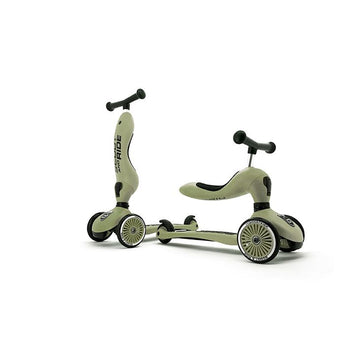 Scoot & Ride Highwaykick 1 in olive green, shown as a stand-up scooter and a ride-on with a seat.
