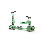 Mint green Scoot & Ride Highwaykick 1 2-in-1 kickboard, shown as a scooter and a ride-on.