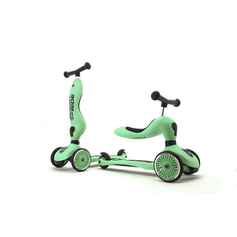 Mint green Scoot & Ride Highwaykick 1 2-in-1 kickboard, shown as a scooter and a ride-on.
