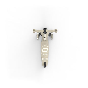 Top-down view of a beige Scoot & Ride Highwaykick 3S LED 3-wheel light-up kids scooter.