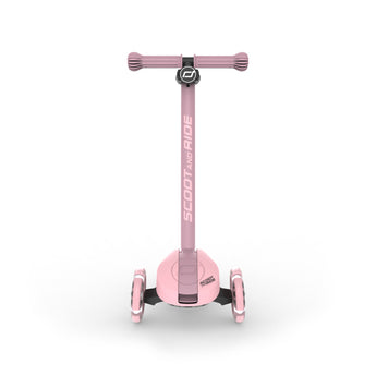 Pink Scoot & Ride Highwaykick 3S LED 3-wheel light-up scooter with two front wheels.