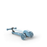 Light blue Scoot & Ride Highwaykick 3S LED 3-wheel scooter with glowing wheels, folded for storage.
