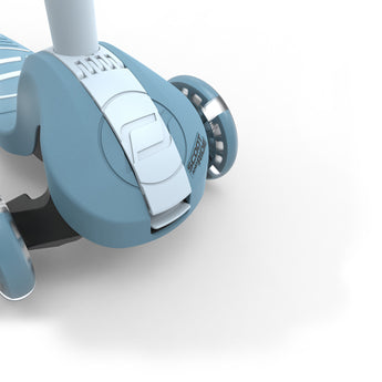 Close-up of a light blue Scoot & Ride Highwaykick 3S LED 3-wheel scooter with a white logo.
