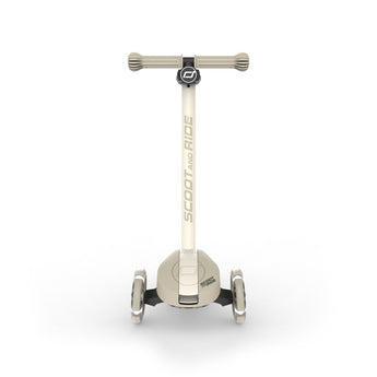 Scoot & Ride Highwaykick 3S LED kids' 3-wheel light-up scooter in beige, front view.