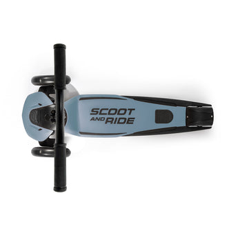 Top-down view of a gray Scoot & Ride Highwaykick 5 LED kickboard scooter with black handlebars and deck.