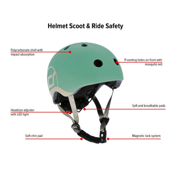 Mint green Scoot & Ride kids helmet with polycarbonate shell, 11 vents, headsize adjuster, and magnetic lock.