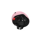 Pink Scoot & Ride kids helmet with a red rear light, black interior padding, and adjustable straps.