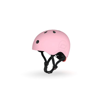 Pink Scoot & Ride kids helmet with black straps, magnetic fastener, and adjustable fit.