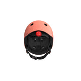 Pink Scoot & Ride kids helmet with a red rear light, black padding, and adjustable strap.