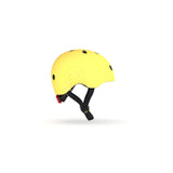 Bright yellow Scoot & Ride kids helmet with black vents, adjustable straps, and a red rear light.
