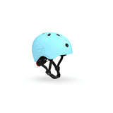 Light blue Scoot & Ride kids helmet with black vents, straps, and a red rear light.