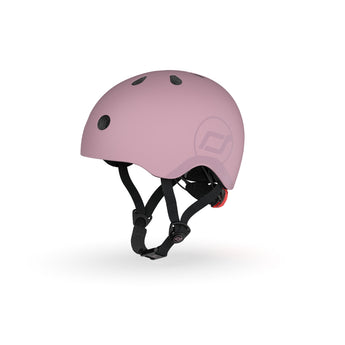 Pink Scoot & Ride kids helmet with black straps, magnetic fastener, and rear red light.