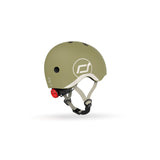 Olive green Scoot & Ride kids helmet with white logo, light beige straps, and a red rear light.