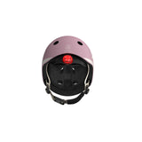 Pink Scoot & Ride kids helmet with a red LED light, adjustable straps, and magnetic fastener.