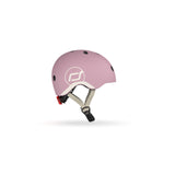 Pink Scoot & Ride kids helmet with white logo, adjustable straps, and a red rear light.