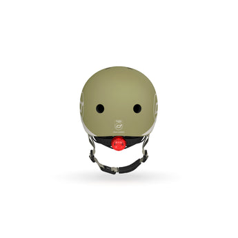Scoot & Ride kids helmet in olive green with a red LED light and adjustable straps.