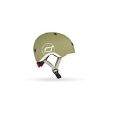 Olive green Scoot & Ride kids helmet with white logo, black vents, and red rear light.