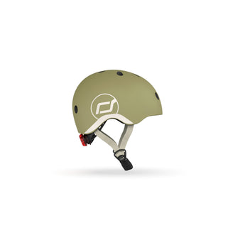 Olive green Scoot & Ride kids helmet with white logo, black vents, and red rear light.