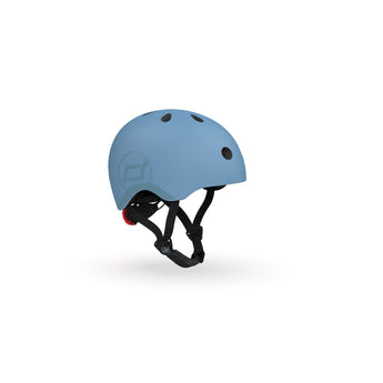 Light blue Scoot & Ride kids helmet with black straps, magnetic fastener, and rear red light.