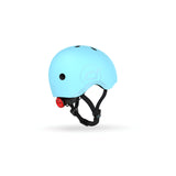 Light blue Scoot & Ride kids helmet with a red rear LED light and black straps.