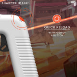 White Sharper Image laser tag blaster with black grip and red reload button, highlighting quick reload feature.