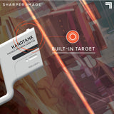 White Sharper Image Handtank laser tag blaster with "Built-In Target" highlighted, against an abstract orange background.