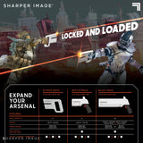 Two players in futuristic gear hold white Sharper Image laser tag blasters, with a product comparison chart below.