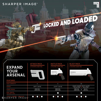 Two players in futuristic gear hold white Sharper Image laser tag blasters, with a product comparison chart below.