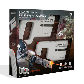 Sharper Image Laser Tag Attack Pack box, showing two white Handtank blasters and futuristic combatants.