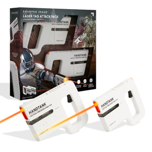 Sharper Image Laser Tag Attack Pack with two white Handtank blasters, firing orange laser beams.