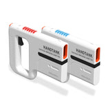 Two white Sharper Image Handtank laser tag blasters with red and blue lights, orange accents, and black triggers.